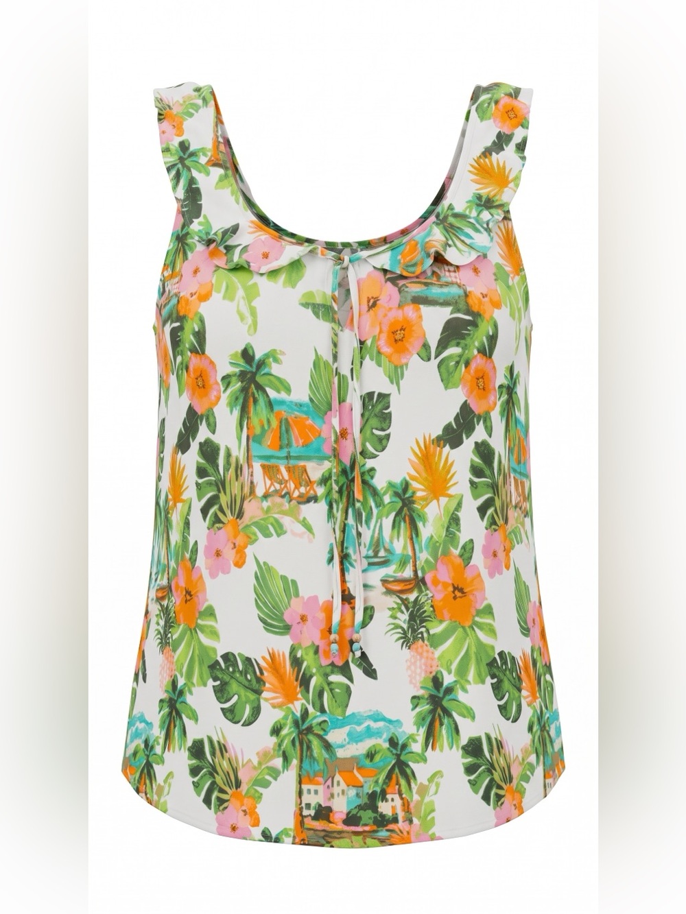 Tropical Floral Tie-Front Tank Top - White/Green/Orange